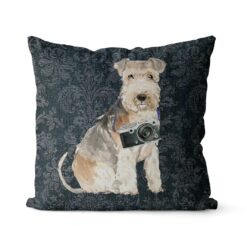 Lakeland Terrier dog Inspired Denim Style Throw Pillow Cushion - Travel collection 18 Adventure is out there cushion Lakeland Terrier Dark Damask Denim front view