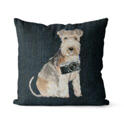 Lakeland Terrier dog Inspired Denim Style Throw Pillow Cushion - Travel collection 17 Adventure is out there cushion Lakeland Terrier Dark Denim front view