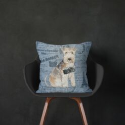 Lakeland Terrier dog Inspired Denim Style Throw Pillow Cushion - Travel collection 14 Adventure is out there cushion Lakeland Terrier Faded Ephemera Denim black chair