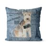 Lakeland Terrier dog Inspired Denim Style Throw Pillow Cushion - Travel collection 2 Adventure is out there cushion Lakeland Terrier Faded Ephemera Denim front view