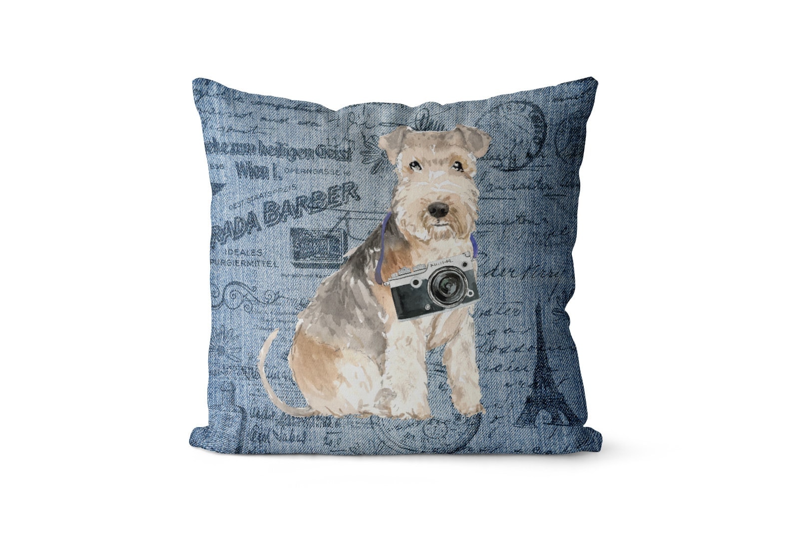 Lakeland Terrier dog Inspired Denim Style Throw Pillow Cushion - Travel collection 2 Lakeland Terrier dog Inspired Denim Style Throw Pillow Cushion - Travel collection