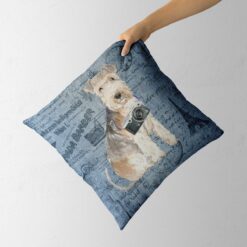 Lakeland Terrier dog Inspired Denim Style Throw Pillow Cushion - Travel collection 13 Adventure is out there cushion Lakeland Terrier Faded Ephemera Denim holding in hand