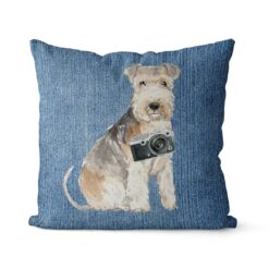 Lakeland Terrier dog Inspired Denim Style Throw Pillow Cushion - Travel collection 16 Adventure is out there cushion Lakeland Terrier Gently Faded Denim front view