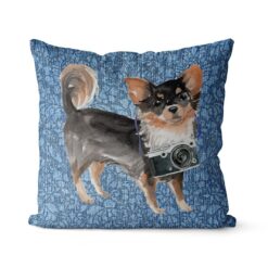 Long Haired Chihuahua dog Inspired Denim Style Throw Pillow Cushion - Travel collection 18 Adventure is out there cushion Long Haired Chihuahua Bleached Damask Denim front view