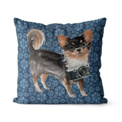 Long Haired Chihuahua dog Inspired Denim Style Throw Pillow Cushion - Travel collection 17 Adventure is out there cushion Long Haired Chihuahua Daisy Denim front view