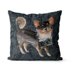 Long Haired Chihuahua dog Inspired Denim Style Throw Pillow Cushion - Travel collection 16 Adventure is out there cushion Long Haired Chihuahua Dark Damask Denim front view