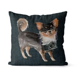 Long Haired Chihuahua dog Inspired Denim Style Throw Pillow Cushion - Travel collection 15 Adventure is out there cushion Long Haired Chihuahua Dark Denim front view