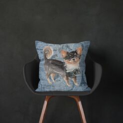 Long Haired Chihuahua dog Inspired Denim Style Throw Pillow Cushion - Travel collection 13 Adventure is out there cushion Long Haired Chihuahua Faded Ephemera Denim black chair