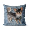 Long Haired Chihuahua dog Inspired Denim Style Throw Pillow Cushion - Travel collection 2 Adventure is out there cushion Long Haired Chihuahua Faded Ephemera Denim front view
