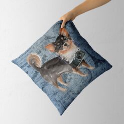 Long Haired Chihuahua dog Inspired Denim Style Throw Pillow Cushion - Travel collection 12 Adventure is out there cushion Long Haired Chihuahua Faded Ephemera Denim holding in hand
