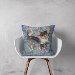 Long Haired Chihuahua dog Inspired Denim Style Throw Pillow Cushion - Travel collection 11 Adventure is out there cushion Long Haired Chihuahua Faded Ephemera Denim white chair