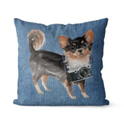 Long Haired Chihuahua dog Inspired Denim Style Throw Pillow Cushion - Travel collection 14 Adventure is out there cushion Long Haired Chihuahua Gently Faded Denim front view