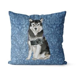 Malamute dog Inspired Denim Style Throw Pillow Cushion - Travel collection 18 Adventure is out there cushion Malamute Bleached Damask Denim front view