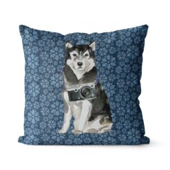 Malamute dog Inspired Denim Style Throw Pillow Cushion - Travel collection 17 Adventure is out there cushion Malamute Daisy Denim front view