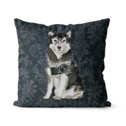 Malamute dog Inspired Denim Style Throw Pillow Cushion - Travel collection 16 Adventure is out there cushion Malamute Dark Damask Denim front view