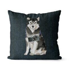 Malamute dog Inspired Denim Style Throw Pillow Cushion - Travel collection 15 Adventure is out there cushion Malamute Dark Denim front view