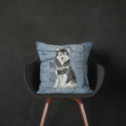 Malamute dog Inspired Denim Style Throw Pillow Cushion - Travel collection 13 Adventure is out there cushion Malamute Faded Ephemera Denim black chair
