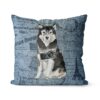 Malamute dog Inspired Denim Style Throw Pillow Cushion - Travel collection 2 Adventure is out there cushion Malamute Faded Ephemera Denim front view