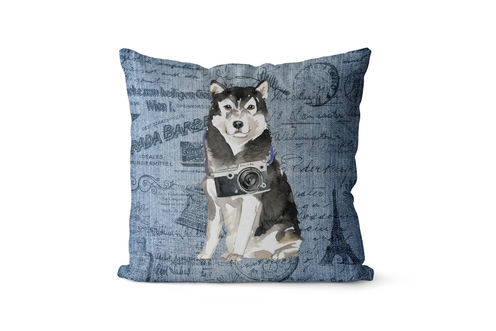 Malamute dog Inspired Denim Style Throw Pillow Cushion - Travel collection 2 Malamute dog Inspired Denim Style Throw Pillow Cushion - Travel collection