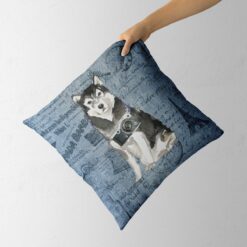 Malamute dog Inspired Denim Style Throw Pillow Cushion - Travel collection 12 Adventure is out there cushion Malamute Faded Ephemera Denim holding in hand