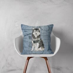 Malamute dog Inspired Denim Style Throw Pillow Cushion - Travel collection 11 Adventure is out there cushion Malamute Faded Ephemera Denim white chair