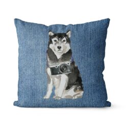 Malamute dog Inspired Denim Style Throw Pillow Cushion - Travel collection 14 Adventure is out there cushion Malamute Gently Faded Denim front view