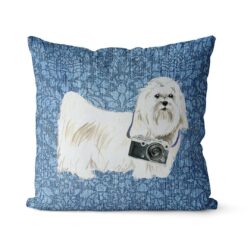Maltese dog Inspired Denim Style Throw Pillow Cushion - Travel collection 18 Adventure is out there cushion Maltese Bleached Damask Denim front view
