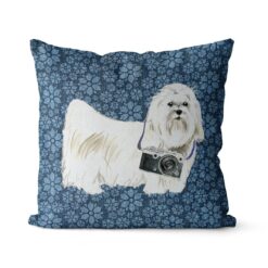 Maltese dog Inspired Denim Style Throw Pillow Cushion - Travel collection 17 Adventure is out there cushion Maltese Daisy Denim front view
