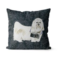 Maltese dog Inspired Denim Style Throw Pillow Cushion - Travel collection 16 Adventure is out there cushion Maltese Dark Damask Denim front view