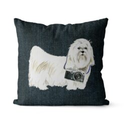 Maltese dog Inspired Denim Style Throw Pillow Cushion - Travel collection 15 Adventure is out there cushion Maltese Dark Denim front view