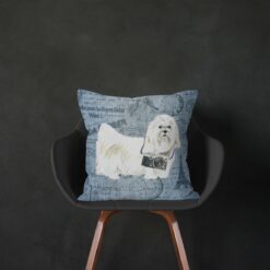 Maltese dog Inspired Denim Style Throw Pillow Cushion - Travel collection 13 Adventure is out there cushion Maltese Faded Ephemera Denim black chair