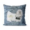 Maltese dog Inspired Denim Style Throw Pillow Cushion - Travel collection 2 Adventure is out there cushion Maltese Faded Ephemera Denim front view