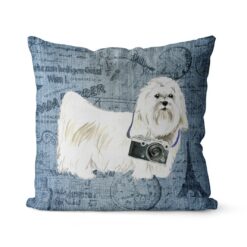 Maltese dog Inspired Denim Style Throw Pillow Cushion - Travel collection