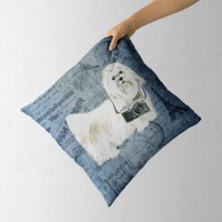 Maltese dog Inspired Denim Style Throw Pillow Cushion - Travel collection 12 Adventure is out there cushion Maltese Faded Ephemera Denim holding in hand