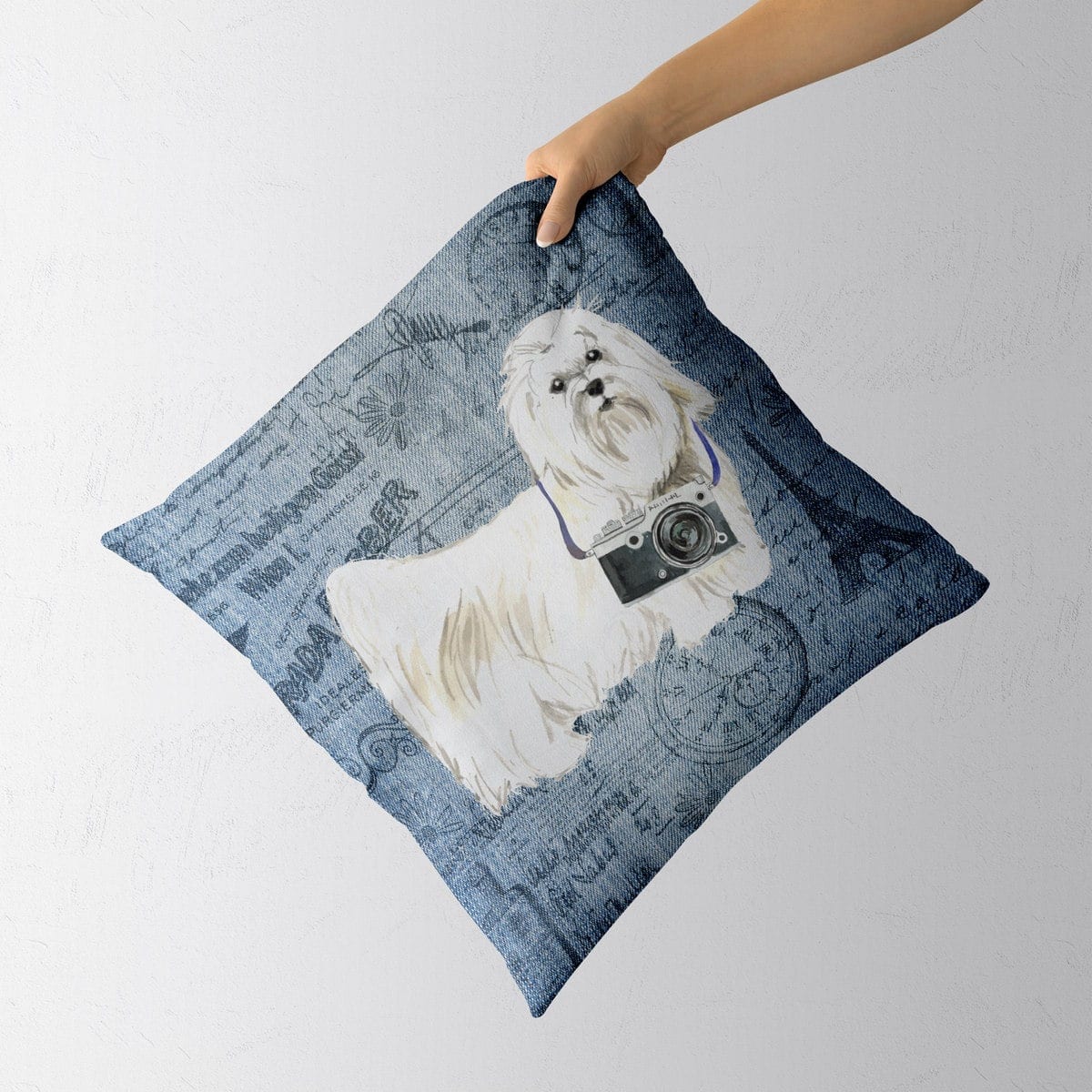 Maltese dog Inspired Denim Style Throw Pillow Cushion - Travel collection 4 Maltese dog Inspired Denim Style Throw Pillow Cushion - Travel collection - Image 3