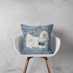 Maltese dog Inspired Denim Style Throw Pillow Cushion - Travel collection 11 Adventure is out there cushion Maltese Faded Ephemera Denim white chair