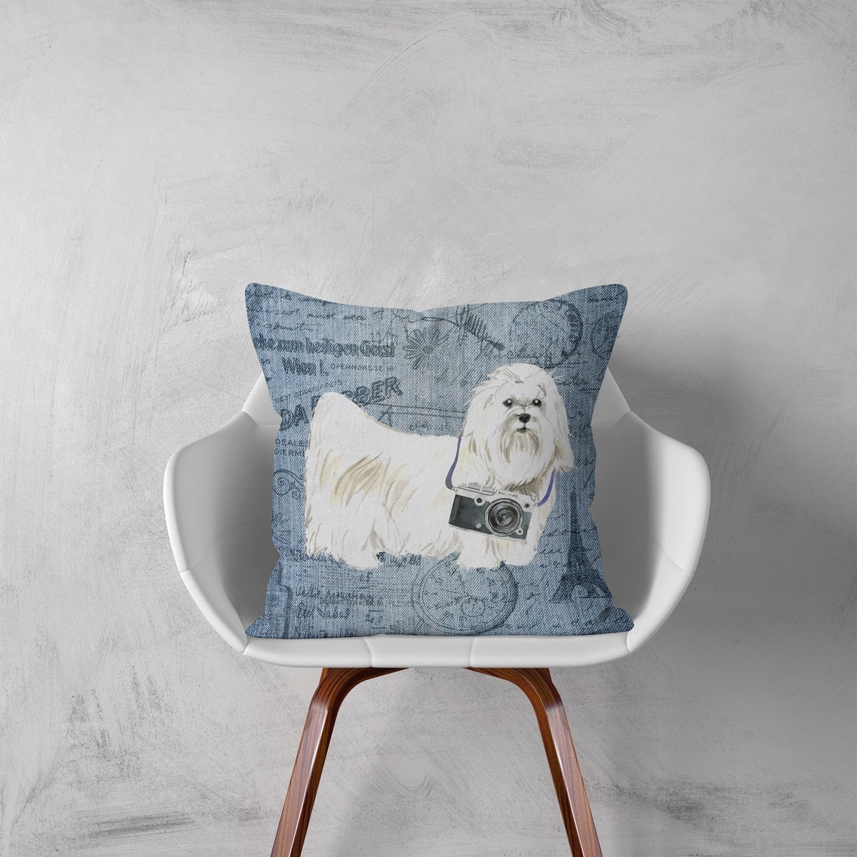 Maltese dog Inspired Denim Style Throw Pillow Cushion - Travel collection 3 Maltese dog Inspired Denim Style Throw Pillow Cushion - Travel collection - Image 2