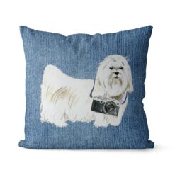 Maltese dog Inspired Denim Style Throw Pillow Cushion - Travel collection 14 Adventure is out there cushion Maltese Gently Faded Denim front view