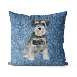 Miniature Schnauzer dog Inspired Denim Style Throw Pillow Cushion - Travel collection 21 Adventure is out there cushion Miniature Schnauzer Bleached Damask Denim front view