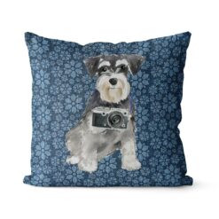 Miniature Schnauzer dog Inspired Denim Style Throw Pillow Cushion - Travel collection 20 Adventure is out there cushion Miniature Schnauzer Daisy Denim front view
