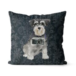 Miniature Schnauzer dog Inspired Denim Style Throw Pillow Cushion - Travel collection 19 Adventure is out there cushion Miniature Schnauzer Dark Damask Denim front view