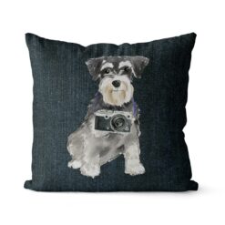 Miniature Schnauzer dog Inspired Denim Style Throw Pillow Cushion - Travel collection 18 Adventure is out there cushion Miniature Schnauzer Dark Denim front view