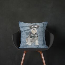 Miniature Schnauzer dog Inspired Denim Style Throw Pillow Cushion - Travel collection 15 Adventure is out there cushion Miniature Schnauzer Faded Ephemera Denim black chair