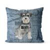 Miniature Schnauzer dog Inspired Denim Style Throw Pillow Cushion - Travel collection 1 Adventure is out there cushion Miniature Schnauzer Faded Ephemera Denim front view