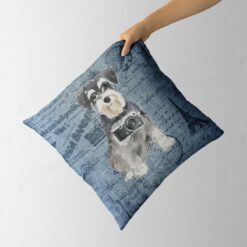 Miniature Schnauzer dog Inspired Denim Style Throw Pillow Cushion - Travel collection 14 Adventure is out there cushion Miniature Schnauzer Faded Ephemera Denim holding in hand
