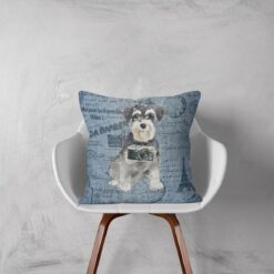 Miniature Schnauzer dog Inspired Denim Style Throw Pillow Cushion - Travel collection 13 Adventure is out there cushion Miniature Schnauzer Faded Ephemera Denim white chair