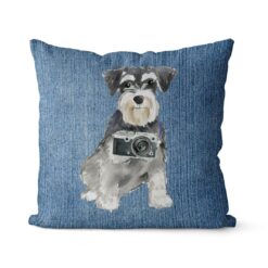 Miniature Schnauzer dog Inspired Denim Style Throw Pillow Cushion - Travel collection 17 Adventure is out there cushion Miniature Schnauzer Gently Faded Denim front view