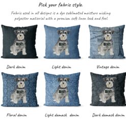 Miniature Schnauzer dog Inspired Denim Style Throw Pillow Cushion - Travel collection 16 Adventure is out there cushion Miniature Schnauzer variations