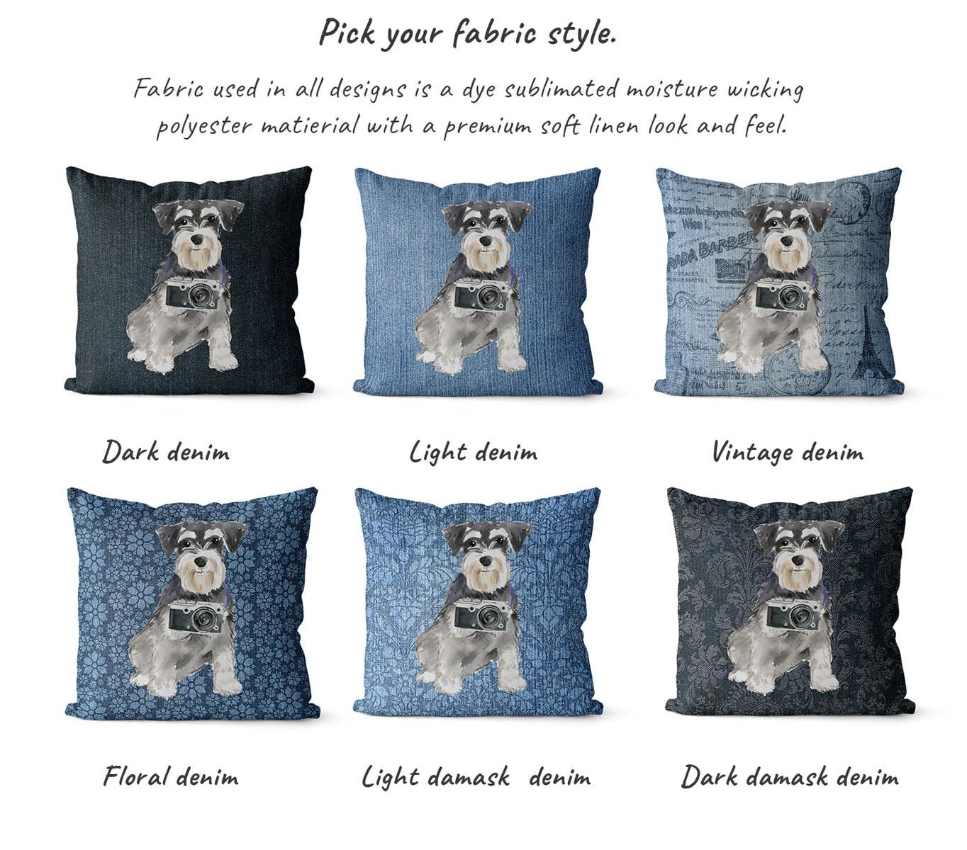 Miniature Schnauzer dog Inspired Denim Style Throw Pillow Cushion - Travel collection 7 Miniature Schnauzer dog Inspired Denim Style Throw Pillow Cushion - Travel collection - Image 5