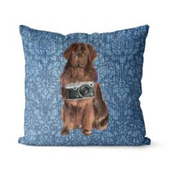 Newfoundland dog Inspired Denim Style Throw Pillow Cushion - Travel collection 18 Adventure is out there cushion Newfoundland Bleached Damask Denim front view